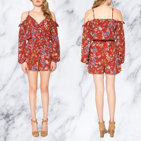 William & Clay Pants - Red Floral Cold Shoulder V-Neck Romper